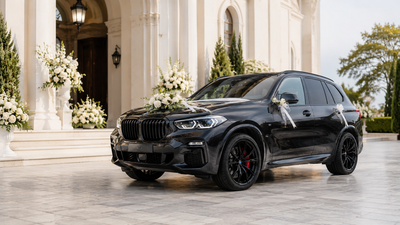 Auto do ślubu Wieluń – czarne BMW X5 z dekoracją przed kościołem